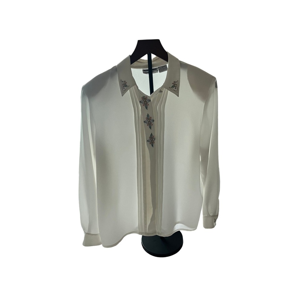 Vintage 80s Ivory Embroidered Pintuck Blouse Womens 12P Long Sleeve Retro